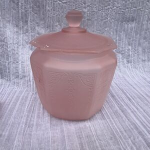 Vintage Pink Satin Depression Glass Frosted Princess Cookie Biscuit Jar With Lid